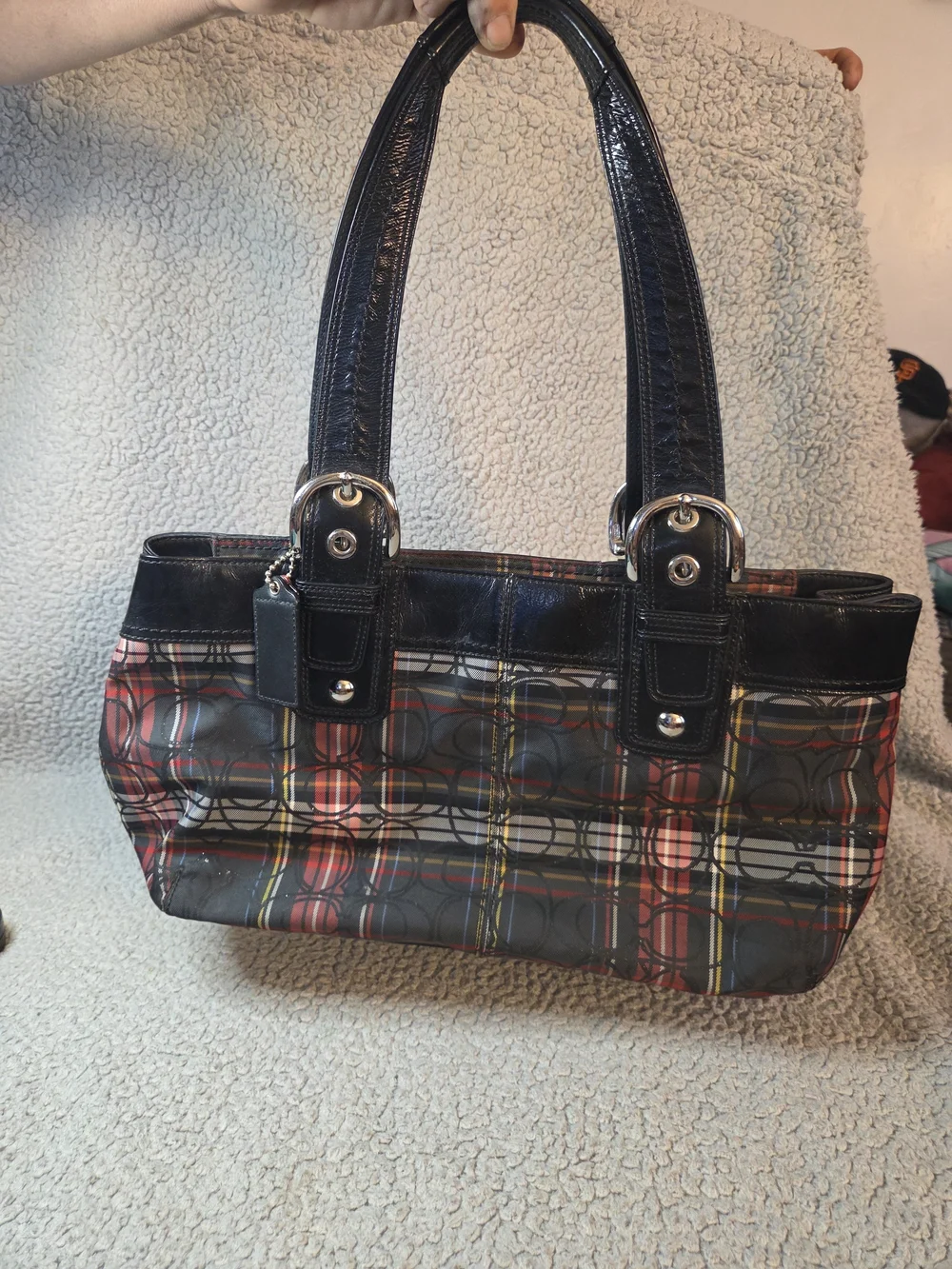 Coach Plaid Shoulder Bag with Black Trim and Red Accent